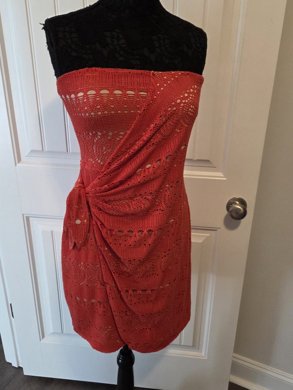 Free People Oceanside Strapless Ruched Dress Sz Med Crochet Lace Red Orange - Picture 2 of 12